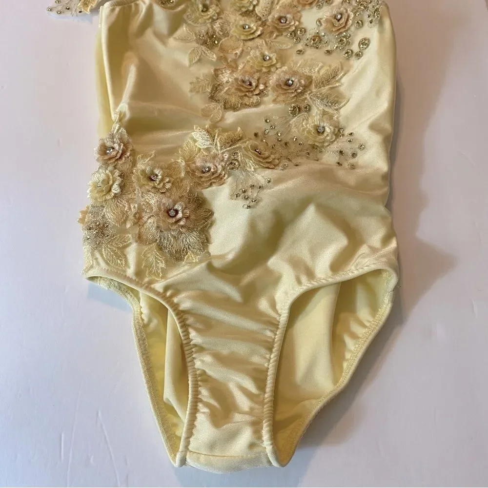 Glamour solo dance costume leotard pale yellow embellished rhinestone lace MC